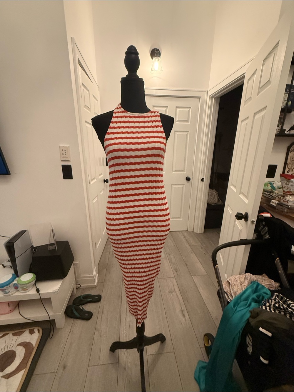 Zara Red and White Striped Halter Maxi Dress